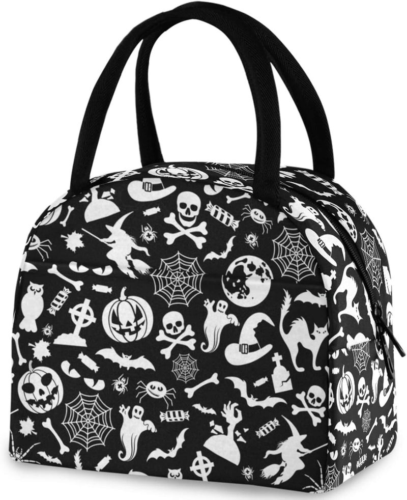ZzWwR Halloween Skulls Black Cat Bats Reusable Lunch Tote Bag with Front Pocket Zipper Closure Insulated Thermal Cooler Container Bag for School Work Picnic Travel Fishing Beach - Image 1