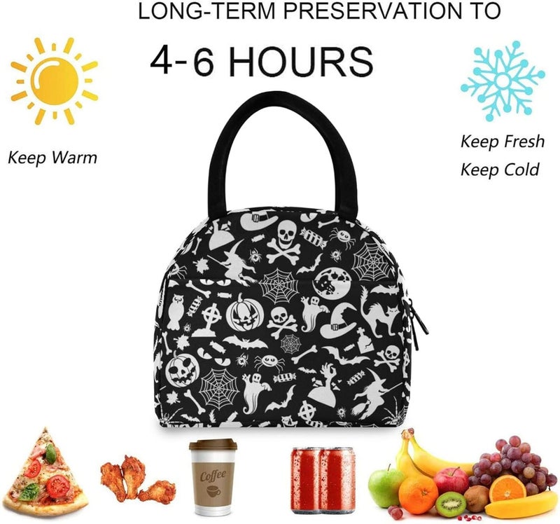 ZzWwR Halloween Skulls Black Cat Bats Reusable Lunch Tote Bag with Front Pocket Zipper Closure Insulated Thermal Cooler Container Bag for School Work Picnic Travel Fishing Beach - Image 3