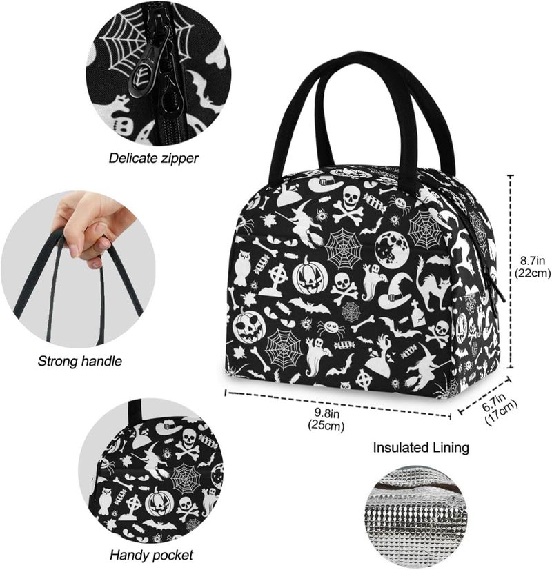 ZzWwR Halloween Skulls Black Cat Bats Reusable Lunch Tote Bag with Front Pocket Zipper Closure Insulated Thermal Cooler Container Bag for School Work Picnic Travel Fishing Beach - Image 2