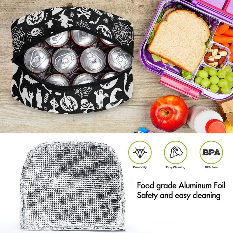 ZzWwR Halloween Skulls Black Cat Bats Reusable Lunch Tote Bag with Front Pocket Zipper Closure Insulated Thermal Cooler Container Bag for School Work Picnic Travel Fishing Beach - Image 4