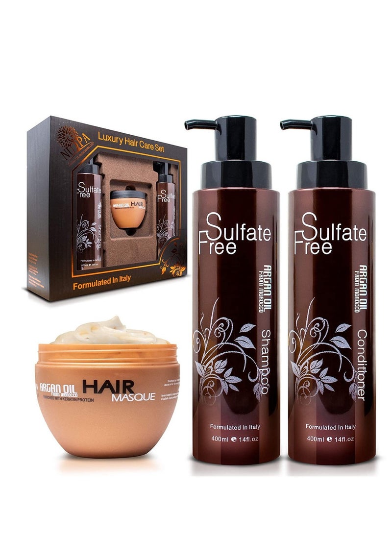 NUSPA - Nospa set consisting of shampoo  conditioner and mask with argan oil extract Shampoo 400 ml conditioner 400 ml and mask 250 ml - Image 1