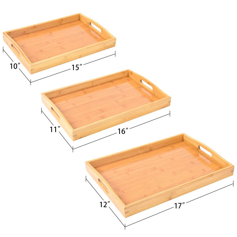AKKAJJ 3 Pack Bamboo Serving Trays with Handles, Rectangular Kitchen Food Tray for Eating, Dinner Trays for Eating on Couch, Wood Serving Platter for Breakfast, Tea, Bar, Restaurant, Party or Bed (Beige) - Image 4