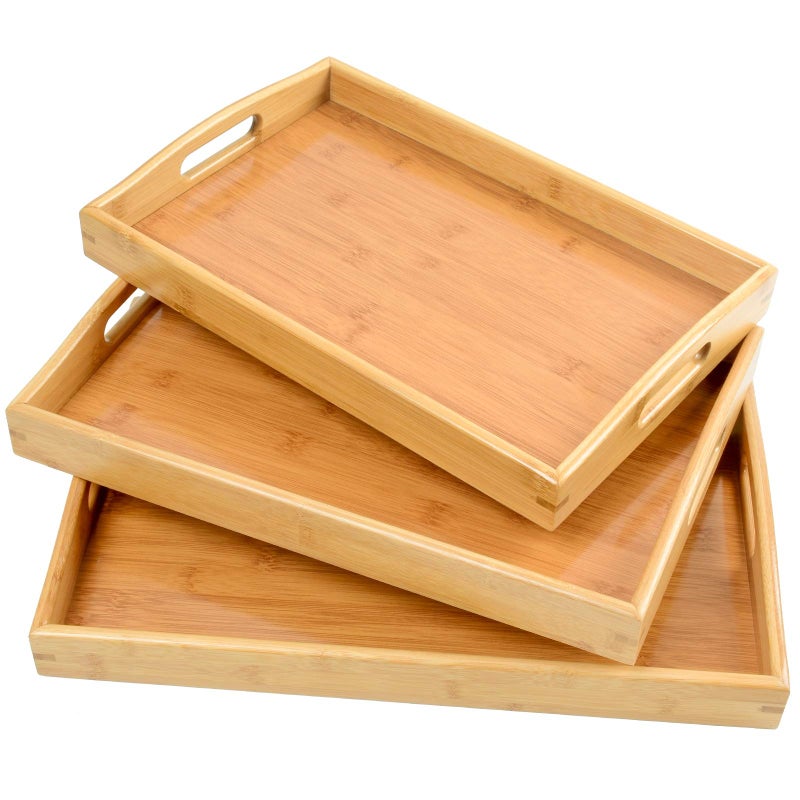AKKAJJ 3 Pack Bamboo Serving Trays with Handles, Rectangular Kitchen Food Tray for Eating, Dinner Trays for Eating on Couch, Wood Serving Platter for Breakfast, Tea, Bar, Restaurant, Party or Bed (Beige) - Image 2