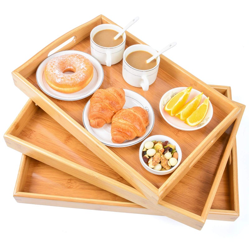 AKKAJJ 3 Pack Bamboo Serving Trays with Handles, Rectangular Kitchen Food Tray for Eating, Dinner Trays for Eating on Couch, Wood Serving Platter for Breakfast, Tea, Bar, Restaurant, Party or Bed (Beige) - Image 1