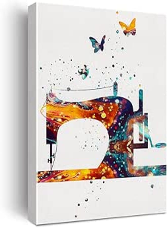 Sewing Machine Watercolor Poster Canvas Wall Art for Home/Office/Sewing Room Decor - Tailor Canvas Print Wall Art Painting Ready to Hang Seamstress Gifts - Easel & Hanging Hook 12x15 Inch 