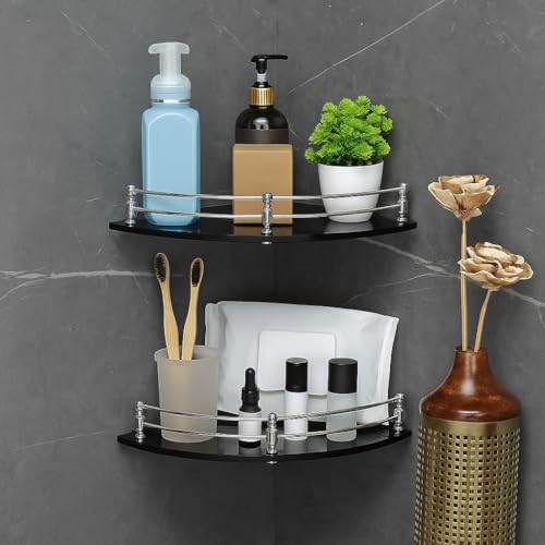 FORTUNE Glass Corner Shelf/Bathroom Shelf/Multipurpose Shelf/Living Room Corner Shelf/Wall Mount Bathroom Shelves (Black) (9 x 9 Inch) - (Pack of 2) - Image 3