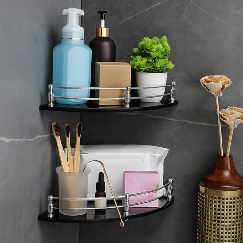 FORTUNE Glass Corner Shelf/Bathroom Shelf/Multipurpose Shelf/Living Room Corner Shelf/Wall Mount Bathroom Shelves (Black) (9 x 9 Inch) - (Pack of 2) - Image 4