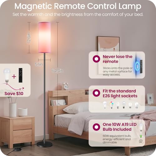 GOEBLESON Dimmable Pink Floor Lamp for Living Room with Remote and Foot Switch, Corner Floor Lamp for Bedroom, 64.4" Standing Tall Lamp, 10W 900LM Bulb Included, 3000K-6500K, Linen Shade, FCC Listed P06LD05W1 - Image 2