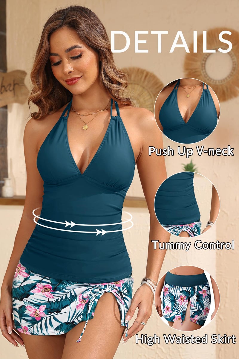 Yonique 2 Piece Swimsuits for Women Halter Tankini Top with Skirt Bottom Tummy Control Bathing Suit Teal Flower M - Image 4