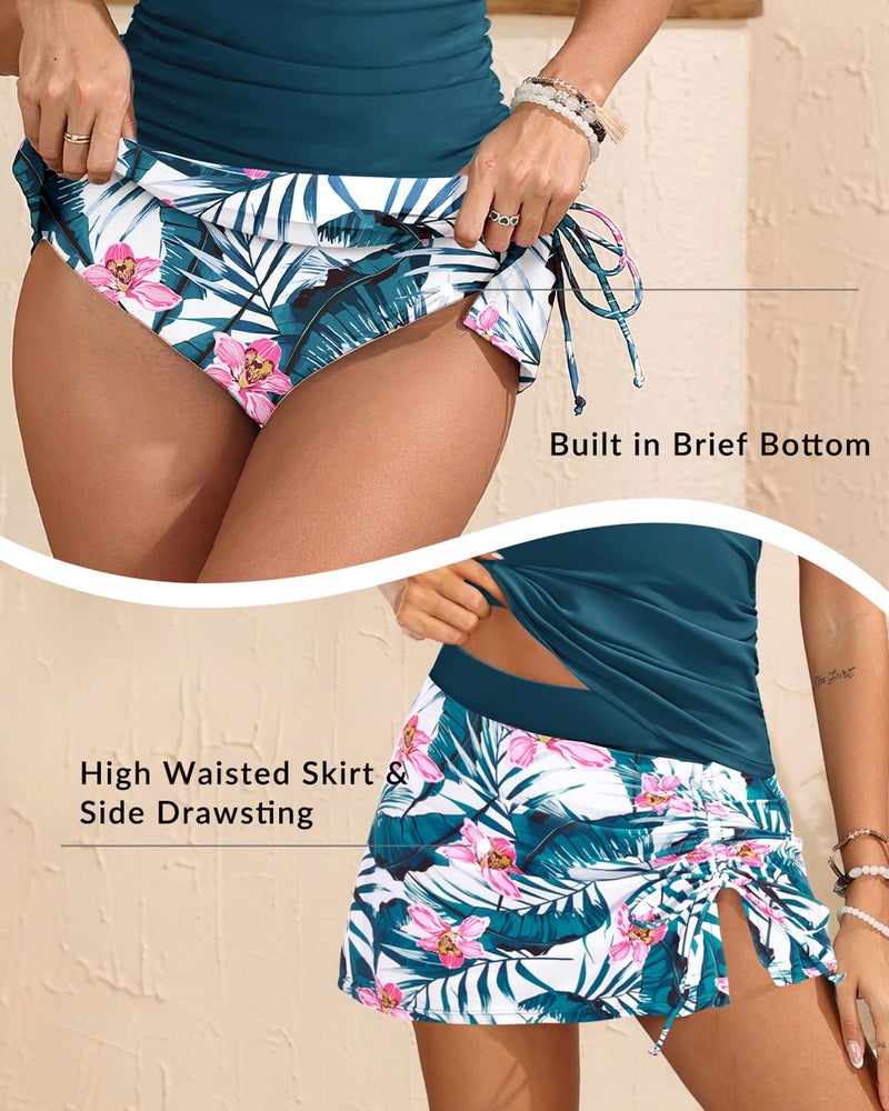 Yonique 2 Piece Swimsuits for Women Halter Tankini Top with Skirt Bottom Tummy Control Bathing Suit Teal Flower M - Image 5