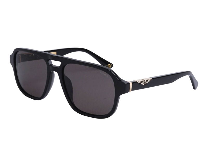 Police SPLL83 700 56 Men's Square Navigator Sunglasses - Gloss Black Frame with Smoke Lenses and Rose Gold Wing Logo Accents - Image 1