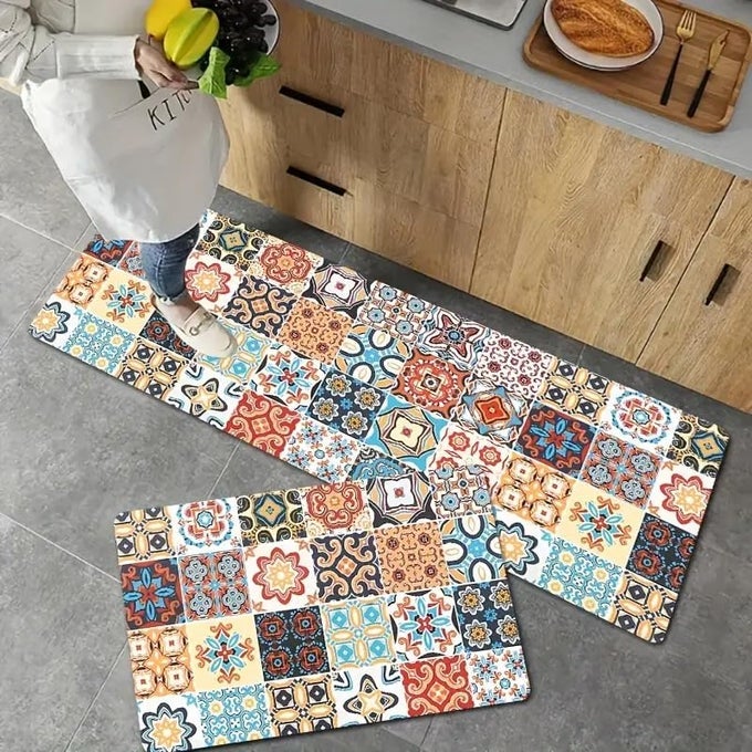 2 PC KITCHEN RUG ANTIFATIGUE SOFT POLYESTER NONSLIP EXTRA LONG FOR HOME DECOR MACHINE WASHABLE IN HALLWAY AND BUSINESS HOTEL RUGS GEOMETRIC PATTERN DESIGN