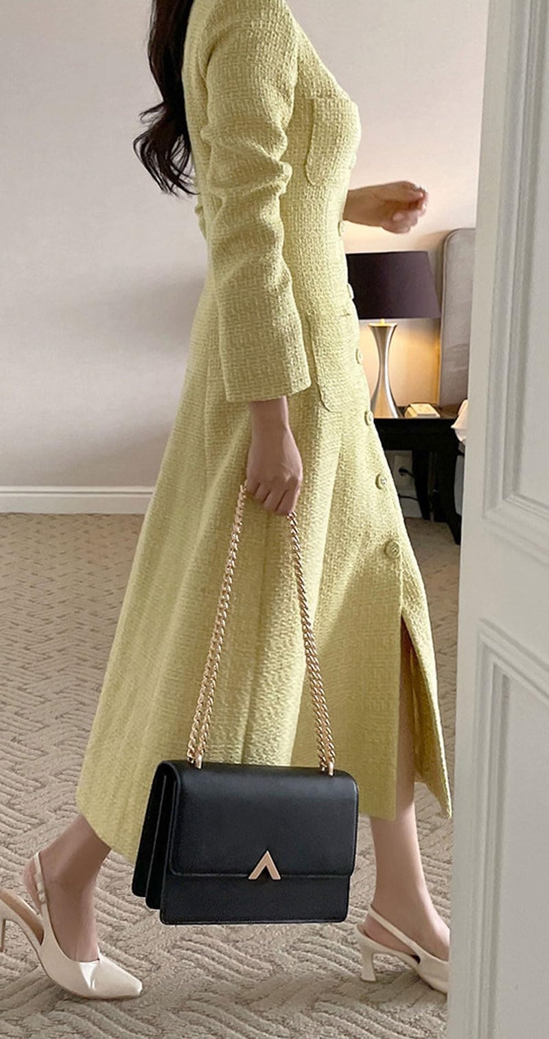 CHARTOU Women Tweed Dress Long Sleeve Single Breast Elegant Lady Long Tweed Blazer Dress (Small,Yellow) - Image 2