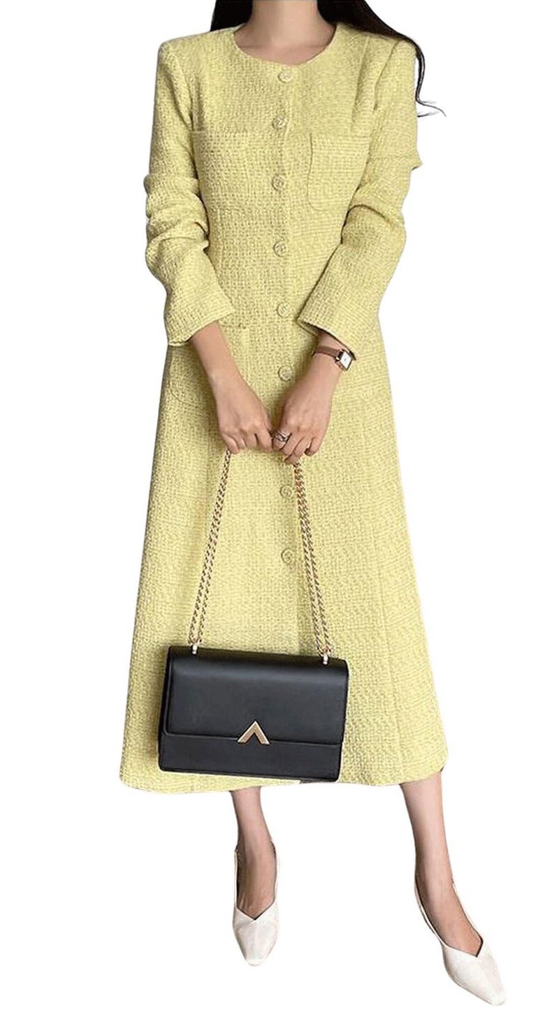 CHARTOU Women Tweed Dress Long Sleeve Single Breast Elegant Lady Long Tweed Blazer Dress (Small,Yellow) - Image 1