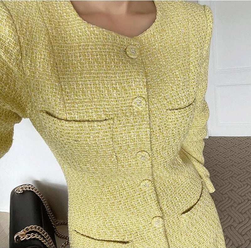 CHARTOU Women Tweed Dress Long Sleeve Single Breast Elegant Lady Long Tweed Blazer Dress (Small,Yellow) - Image 3