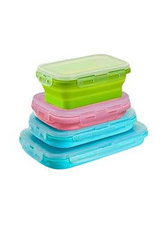 4 Pack Collapsible Silicone Food Storage Containers with Lids, Stackable Flat Bins, Microwave Safe for Keeping Food Fresh in Fridge, Rectangular Design, Heat Resistant up to 230 Degree Green
