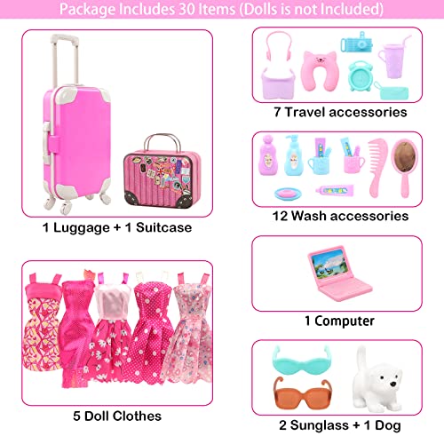 BARWA 32 Pcs Doll Suitcase Luggage Travel Clothes and Accessories for 11.5 inch Girl Doll Travel Carrier Storage, Including 1 Luggage 1 Suitcase 23 Travel toiletries 5 Dresses 1 Puppy 1 Computer… - Image 3