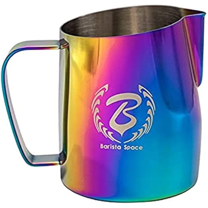 بريستا سبيس إبريق حليب رغوة الحليب للإسبريسو والكابتشينو فوهة دقيقة لفن اللاتيه مصنوع من الفولاذ المقاوم للصدأ 304 سعة 450 مل لون قوس قزح - Image 1