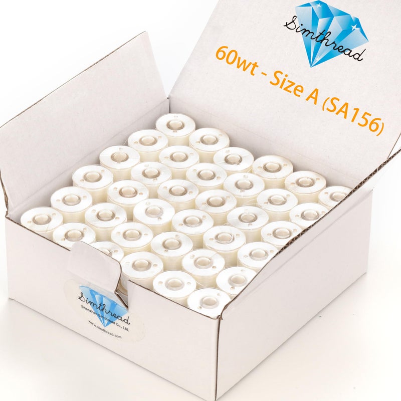 Simthread 144pcs Embroidery Pre-Wound Bobbins Thread, Class 15 Type A Size SA156, Polyester White 60 wt, Bernina Pfaff Ambition BabyLock Brother Embroidery and Sewing Machines Plastic Side - Image 1