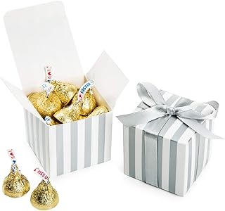 AWELL AWELL Small Candy Box Bulk 2x2x2 inch with Ribbon, Silver White Strips Box Party Favors Pack of 50  - Image 1