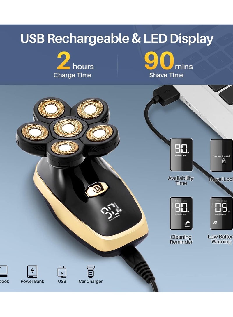 SYOSI ماكينة حلاقة الرأس للرجال الصلع، ماكينة حلاقة كهربائية دوارة بدون أسلاك، ماكينة حلاقة كهربائية متعددة الوظائف بـ 6 رؤوس شفرات دوارة، مجموعة العناية 5 في 1 مع ماكينة قص الشعر، PX7 مقاومة للماء، شاشة LED - Image 5