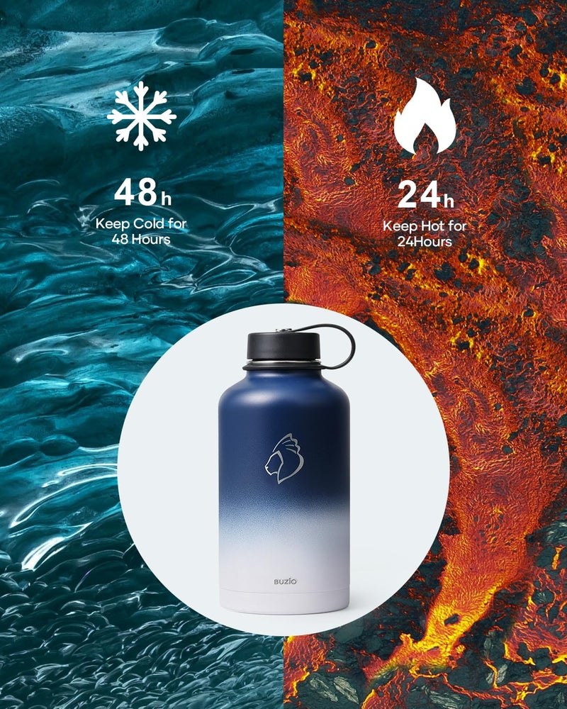 BUZIO Vacuum Insulated Stainless Steel Water Bottle 64oz (Cold for 48 Hrs/Hot for 24 Hrs) BPA Free Double Wall Travel Mug/Flask for Outdoor Sports Hiking, Cycling, Cam,Camping, Running, Tuxedo - Image 2