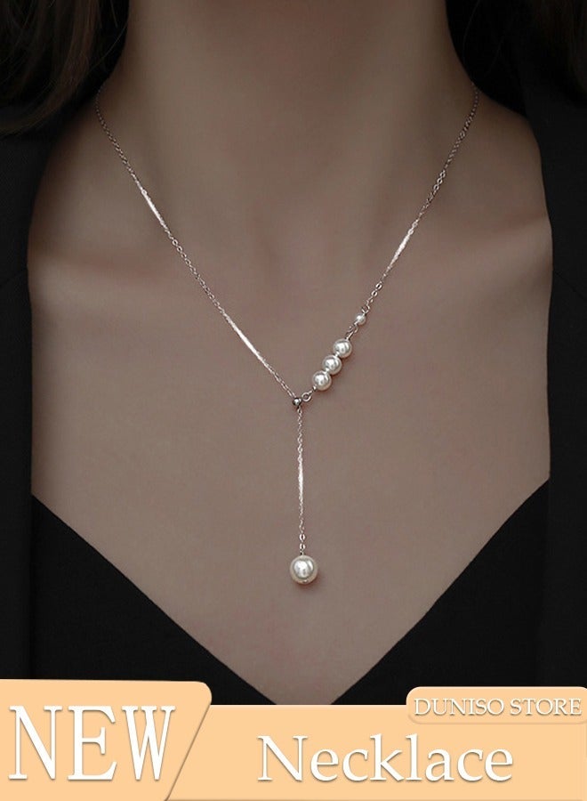 DUNISO Pearl Necklace 925 Sterling Silver Choker Necklace Silver Choker Chain Pearl Pendant Necklace Simple Necklace Chain Jewelry for Women Teen Girls - Image 1