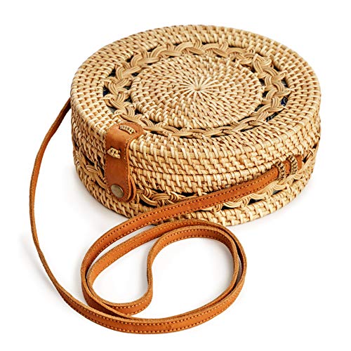Novum Crafts Rattan Bags for Women - Handmade Wicker Woven Purse Handbag Circle Boho Bag Bali (Brown Pattern) - Image 2
