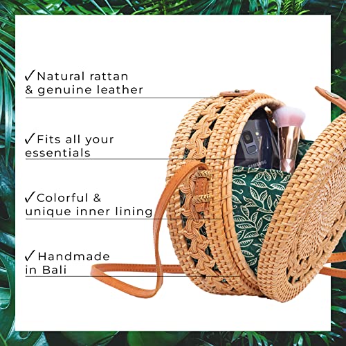 Novum Crafts Rattan Bags for Women - Handmade Wicker Woven Purse Handbag Circle Boho Bag Bali (Brown Pattern) - Image 3