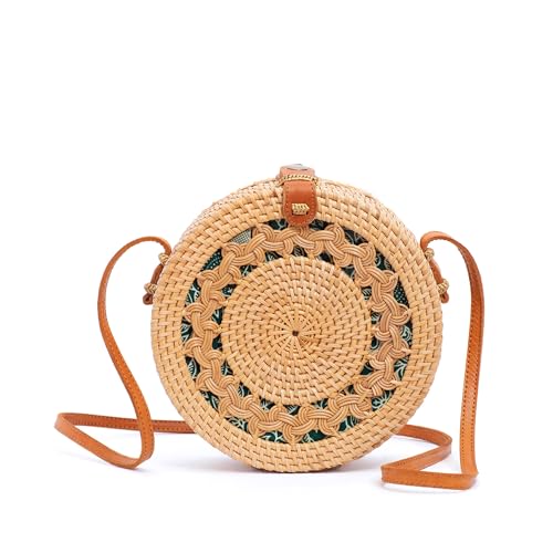 Novum Crafts Rattan Bags for Women - Handmade Wicker Woven Purse Handbag Circle Boho Bag Bali (Brown Pattern) - Image 1