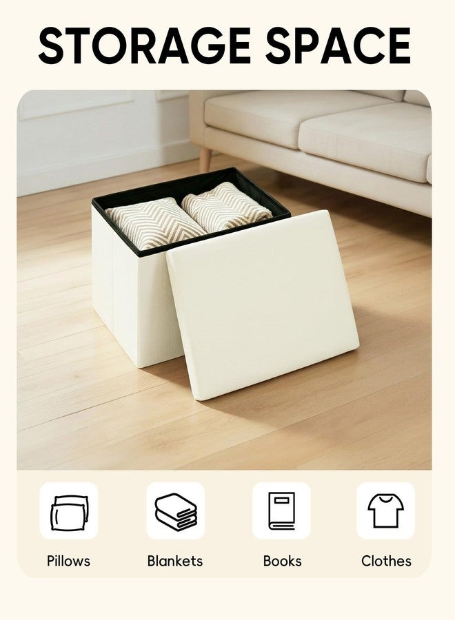 PINPLUS Flat Top Folding Linen Storage Ottoman 16.5", 36L Collapsible Storage Cube with Lid, 250 lbs Load Capacity, Fabric Foot Rest Seat for Living Room, Bedroom, Closet,Cream White - Image 2
