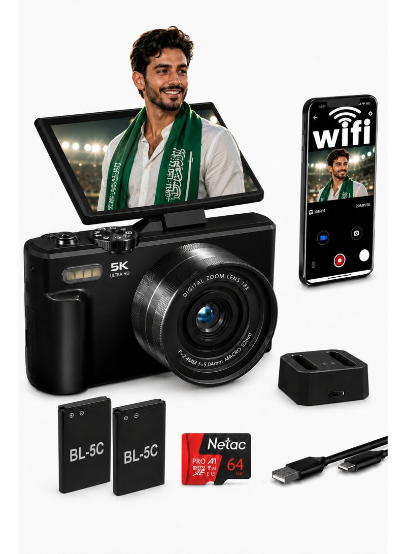 ياتاو كاميرا رقمية 5K بدقة 75 ميجابكسل للتصوير، زوم رقمي 18X، شاشة قابلة للطي 180° مقاس 3 بوصات، واي فاي، بطاريتان، قاعدة شحن وبطاقة TF سعة 64GB - Image 1