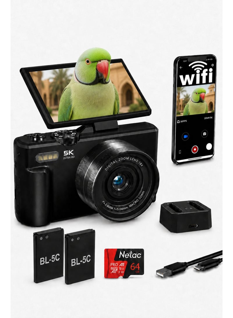 Yatao 5K Digital Camera 75MP for Photography, 18X Zoom Point and Shoot Camera with 3" 180° Flip Screen, WiFi, 2 Batteries, Charging Dock & 64GB TF Card - Image 1