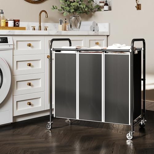 ROMOON 3 Compartment Heavy Duty Laundry Sorter, Hamper with Removable Liners and Wheels, Space-Saving Organizer for Laundry Room, Apartment, Dorm, Closet Storage (Black) - Image 2