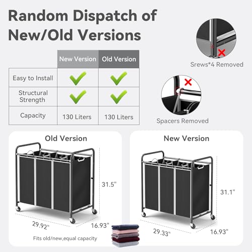 ROMOON 3 Compartment Heavy Duty Laundry Sorter, Hamper with Removable Liners and Wheels, Space-Saving Organizer for Laundry Room, Apartment, Dorm, Closet Storage (Black) - Image 5