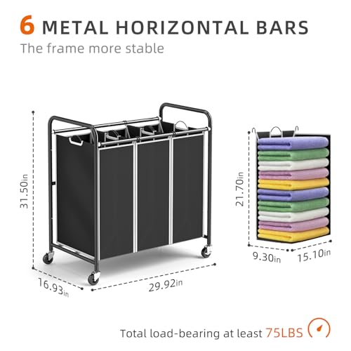 ROMOON 3 Compartment Heavy Duty Laundry Sorter, Hamper with Removable Liners and Wheels, Space-Saving Organizer for Laundry Room, Apartment, Dorm, Closet Storage (Black) - Image 4