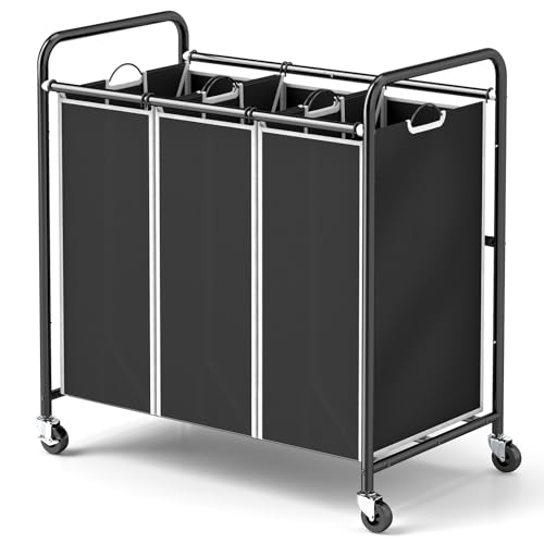 ROMOON 3 Compartment Heavy Duty Laundry Sorter, Hamper with Removable Liners and Wheels, Space-Saving Organizer for Laundry Room, Apartment, Dorm, Closet Storage (Black) - Image 1