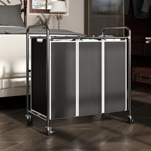 ROMOON 3 Compartment Heavy Duty Laundry Sorter, Hamper with Removable Liners and Wheels, Space-Saving Organizer for Laundry Room, Apartment, Dorm, Closet Storage (Black) - Image 3