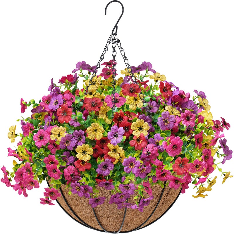 Der Rose Artificial Fake Hanging Flowers Baskets for Outdoors Spring Summer Decoration Faux Silk Colorful Daisy UV Resistant for Garden Porch Home Patio Balcony Decor - Image 1