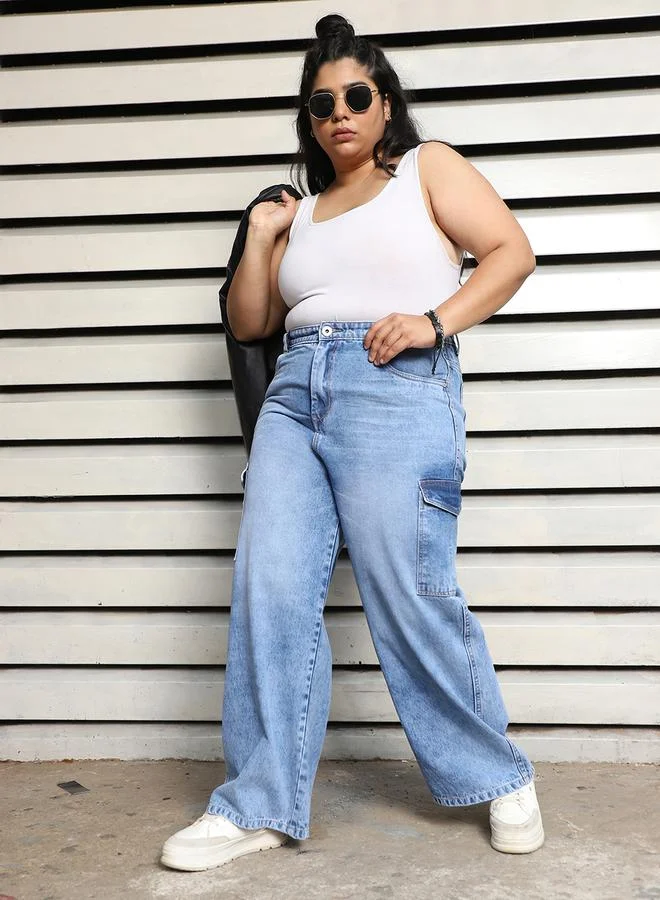 HIGH STAR Plus Size Wide Leg Faded Cargo Jeans by Styli