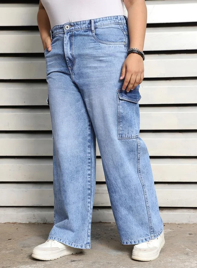 HIGH STAR Plus Size Wide Leg Faded Cargo Jeans by Styli