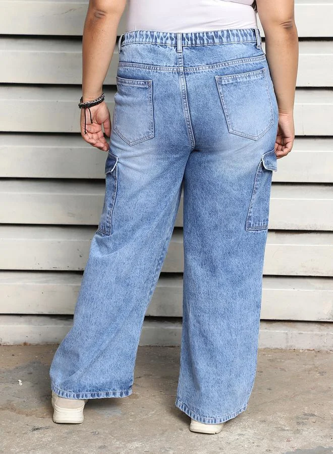 HIGH STAR Plus Size Wide Leg Faded Cargo Jeans by Styli