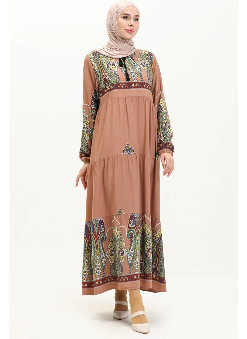 Sefa Merve Patterned Viscose Dress 4073-07 Copper
