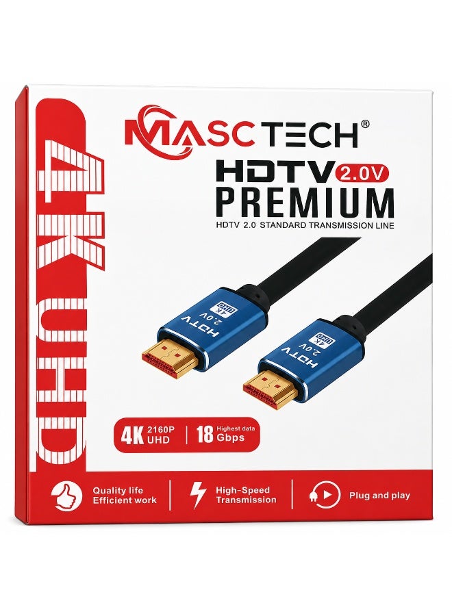 كابل MASCTECH HDMI 2.0 عالي الجودة بطول 20 متراً، يدعم دقة 4K UHD (2160p)، ومزود بموصلات مطلية بالذهب، ويدعم تقنيات HDR و3D وARC، بالإضافة إلى سرعة نقل بيانات تصل إلى 18 جيجابت في الثانية (مع دعم الإيثرنت)؛ متوافق مع أجهزة التلفاز، وشاشات العرض، وأجهزة العرض الضوئي (البروجيكتور)، وأجهزة PS5 وXbox، وأجهزة الكمبيوتر المحمول، ومشغلات Blu-ray.