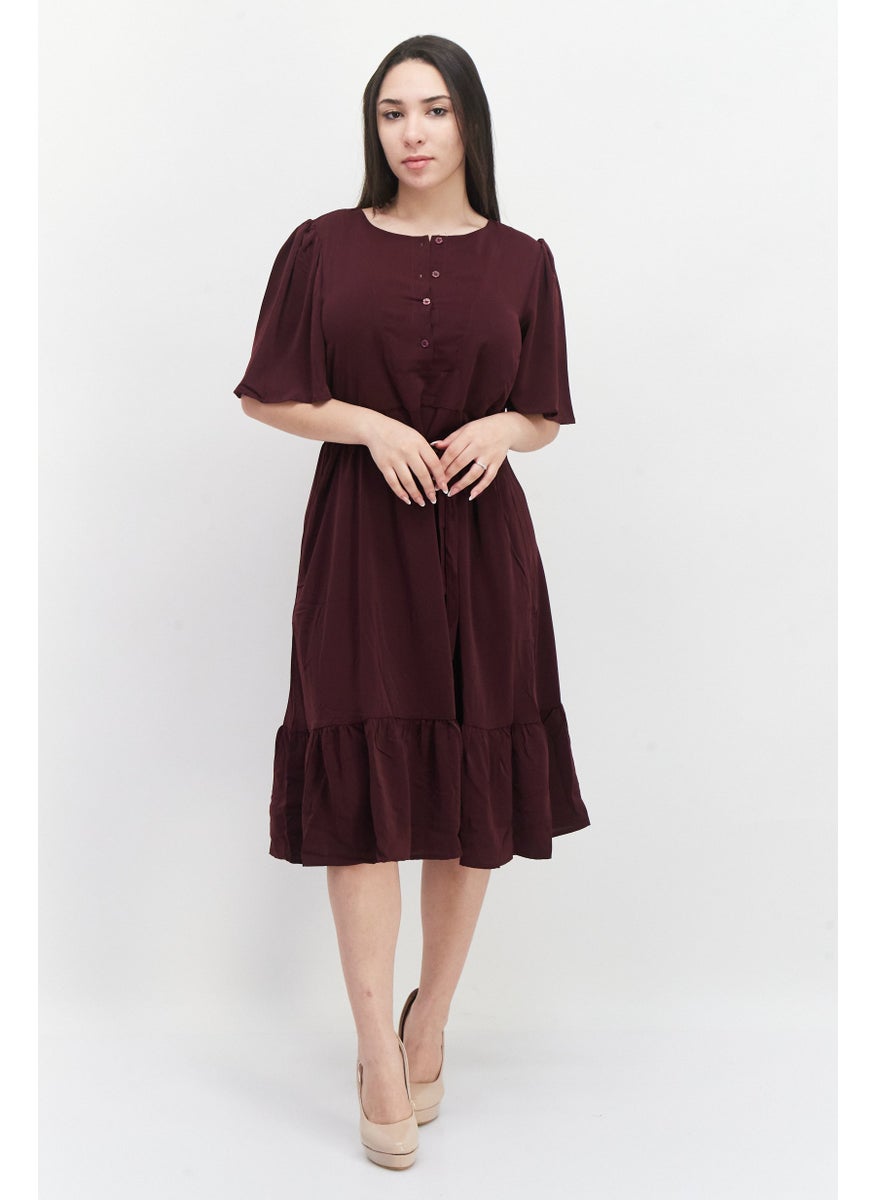French Connection - Women Plain Midi Dress, Maroon - Image 1