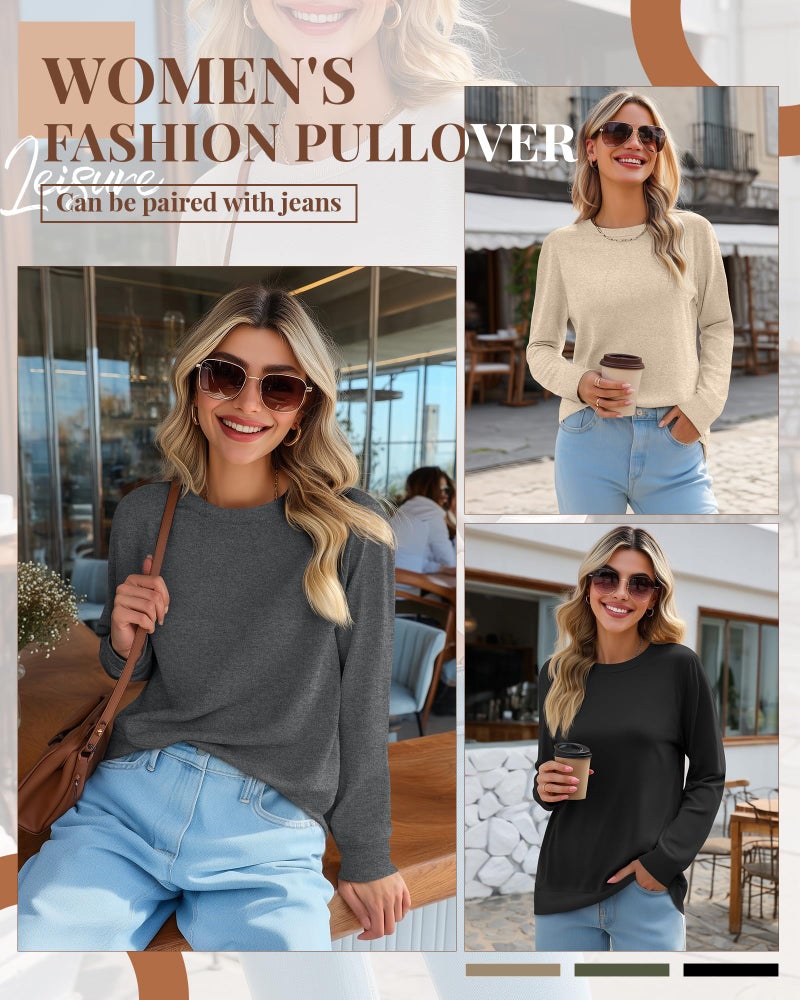 Riyiper 3 Pack Women's Long Sleeve Sweatshirts, Crew Neck Pullover Shirts Loose Casual Lightweight Fall Tops 2026 Trendy(Black, Apricot, Dark Gray,Small) - Image 2