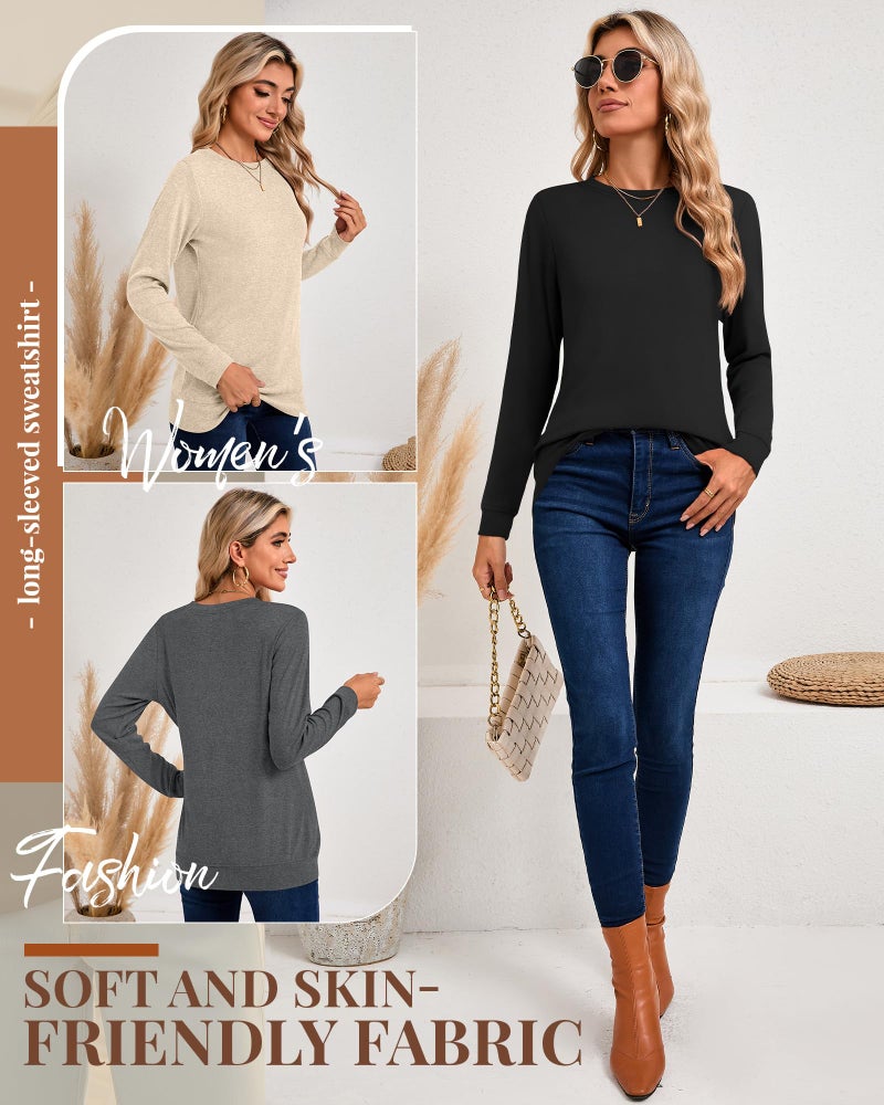 Riyiper 3 Pack Women's Long Sleeve Sweatshirts, Crew Neck Pullover Shirts Loose Casual Lightweight Fall Tops 2026 Trendy(Black, Apricot, Dark Gray,Small) - Image 4