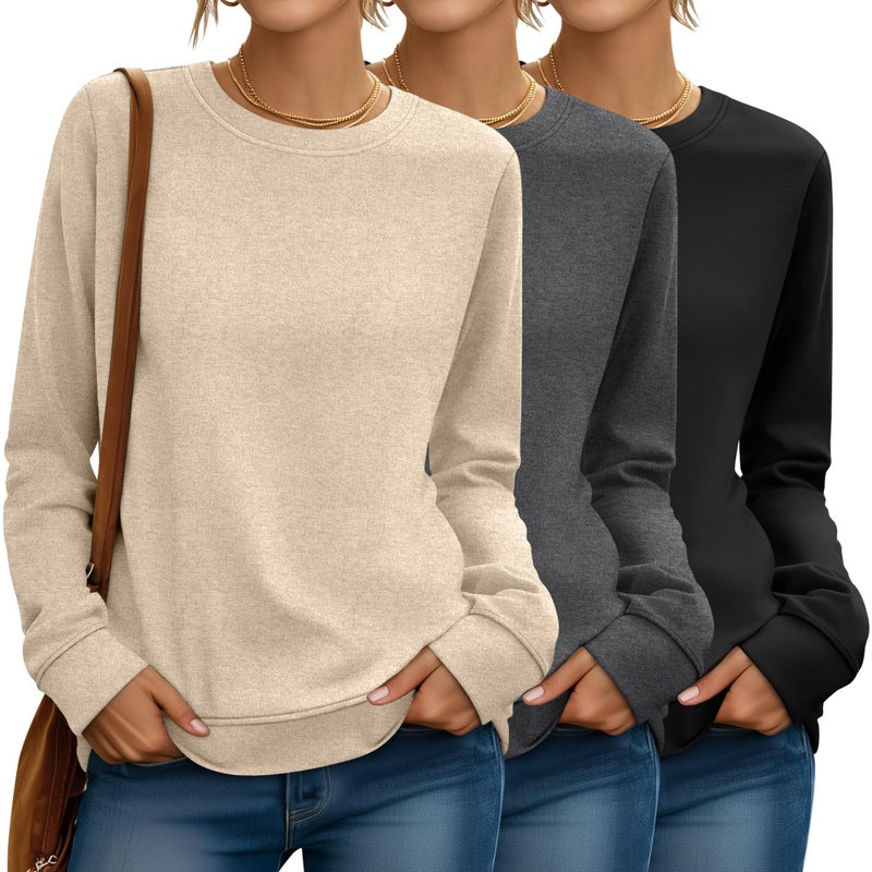 Riyiper 3 Pack Women's Long Sleeve Sweatshirts, Crew Neck Pullover Shirts Loose Casual Lightweight Fall Tops 2026 Trendy(Black, Apricot, Dark Gray,Small) - Image 1