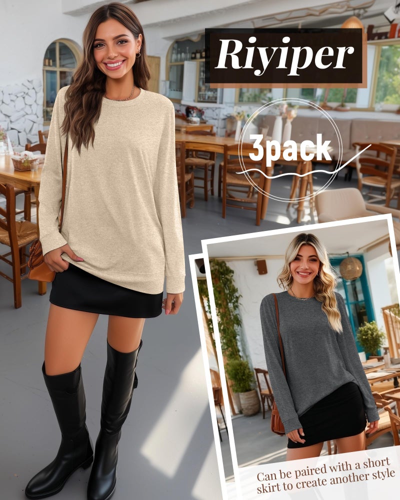 Riyiper 3 Pack Women's Long Sleeve Sweatshirts, Crew Neck Pullover Shirts Loose Casual Lightweight Fall Tops 2026 Trendy(Black, Apricot, Dark Gray,Small) - Image 3
