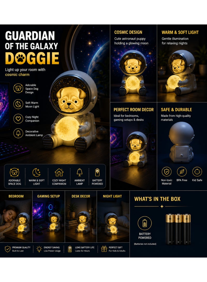 Guardian of the Galaxy Doggie Night Light – Cute Astronaut Puppy Moon Lamp, Battery Powered Warm LED Ambient Light for Bedroom, Desk & Kids Room Decor